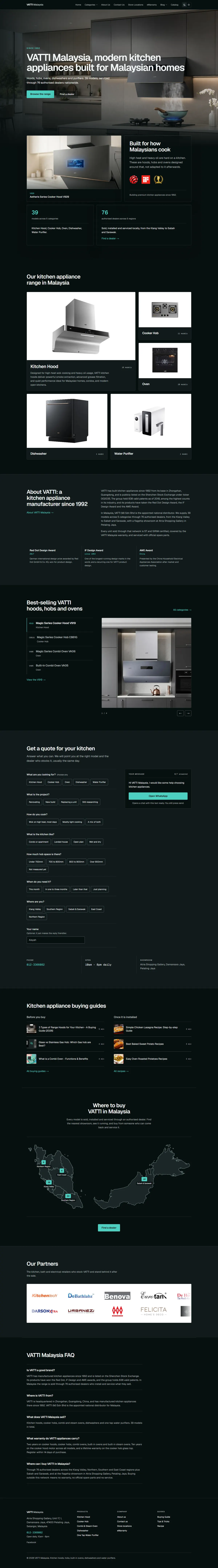 The rebuilt home page: a dark, product-led first screen, the range as large photographs, a quote builder and a dealer map of Malaysia.