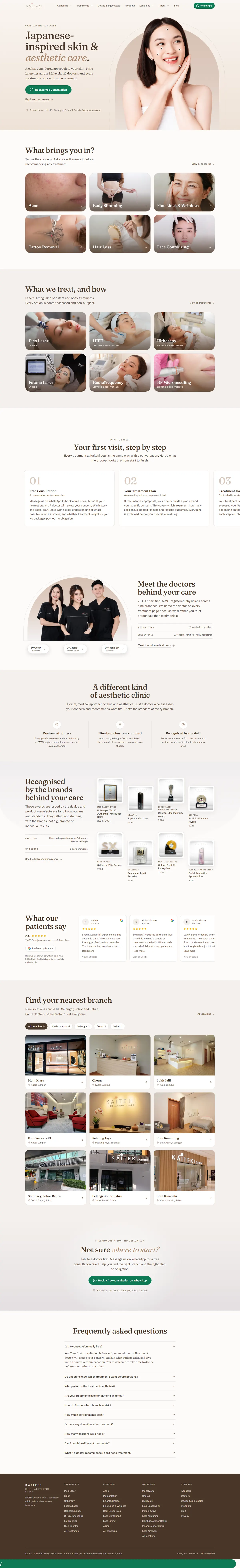 The rebuilt home page: “Japanese-inspired skin & aesthetic care”, followed by the concerns as a grid of photographs and a walk-through of the first visit.