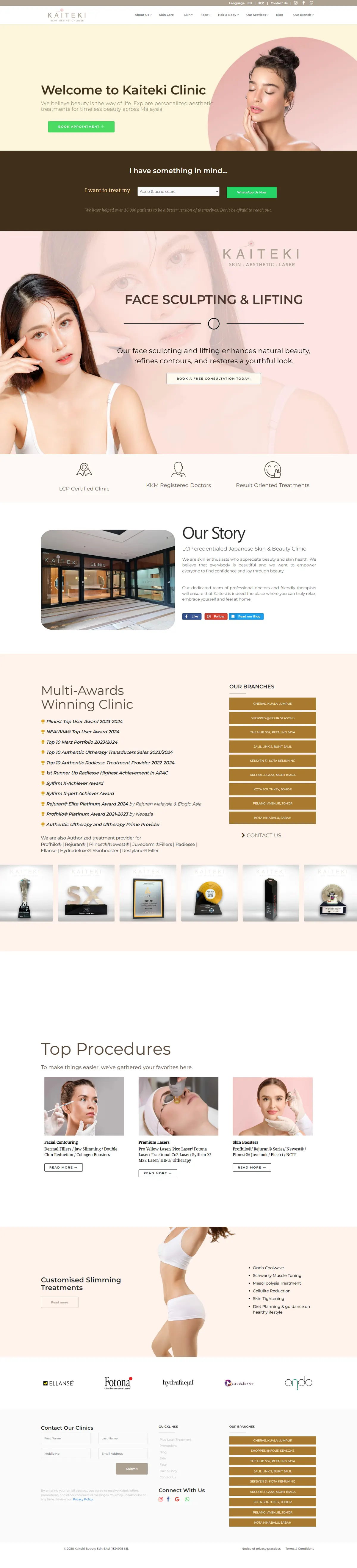 The old Kaiteki home page: a cream hero reading “Welcome to Kaiteki Clinic”, then a dark band with a dropdown asking what you want to treat.