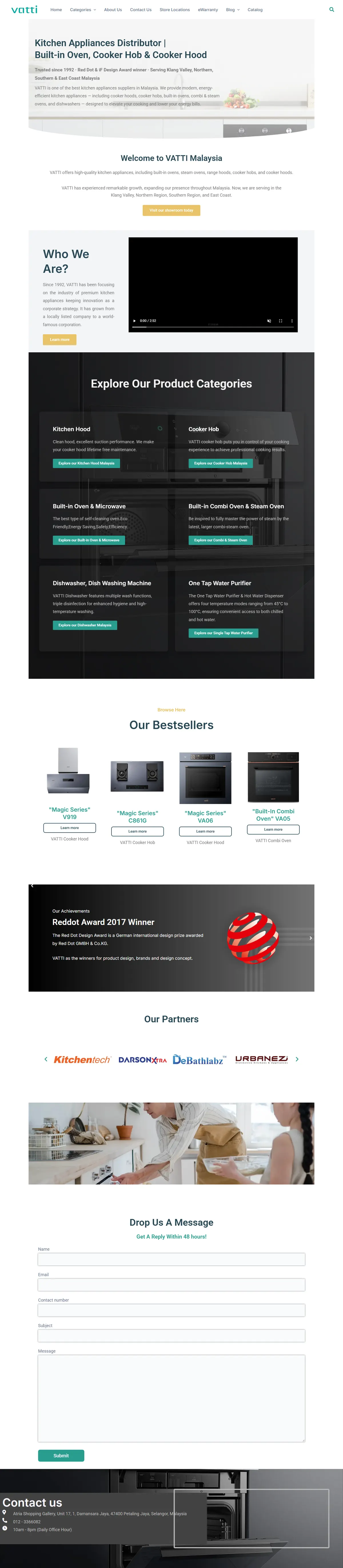 The VATTI Malaysia home page as it stands: a pale template with a stock hero carousel, a welcome paragraph and a contact form at the foot.